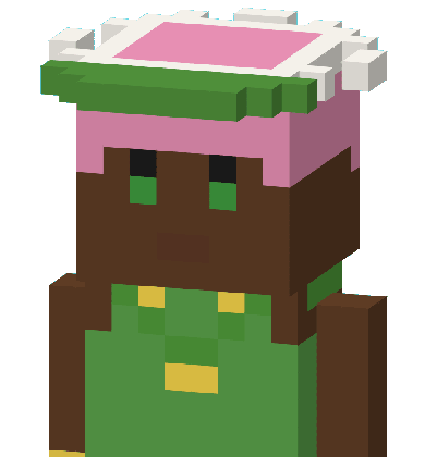 A Worlder, drawn as a voxel bust: Sun visor, Twin buns pink, Green eyes, Tank top, Leaf garland