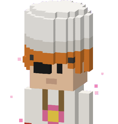 A Worlder, drawn as a voxel bust: Chef hat, Curly orange, Eyepatch, Flower tee, Seed sack, Petals