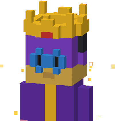 A Worlder, drawn as a voxel bust: Gold crown, Bun purple, Round specs, Wizard robe, Headphones, Divine